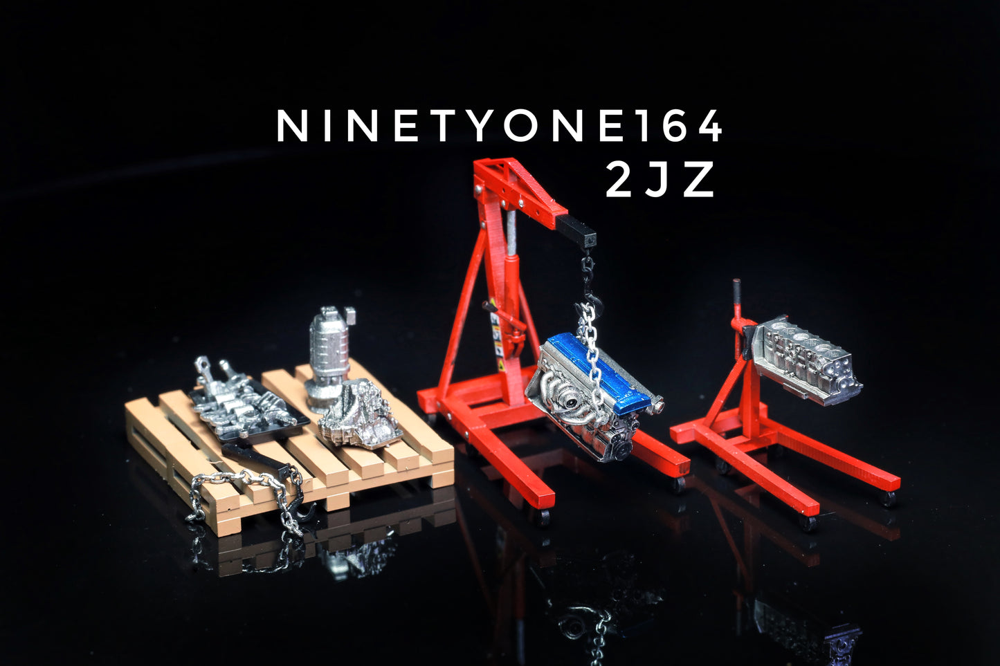 SET 13 : accessoires grue d'atelier et moteur K20/RB26/2JZ Ninety One 1:64