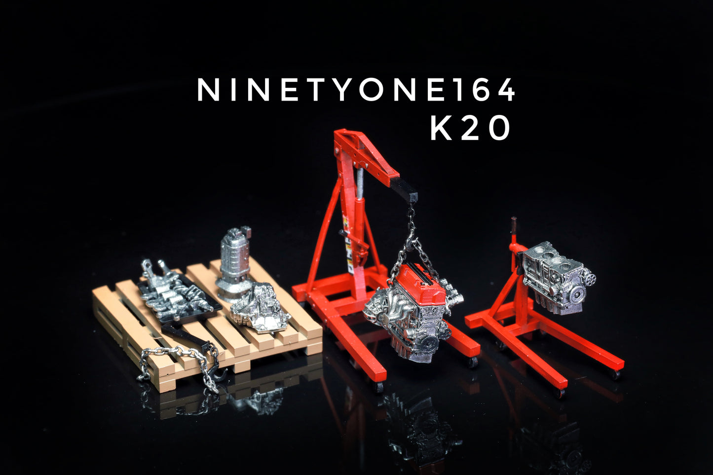 SET 13 : accessoires grue d'atelier et moteur K20/RB26/2JZ Ninety One 1:64