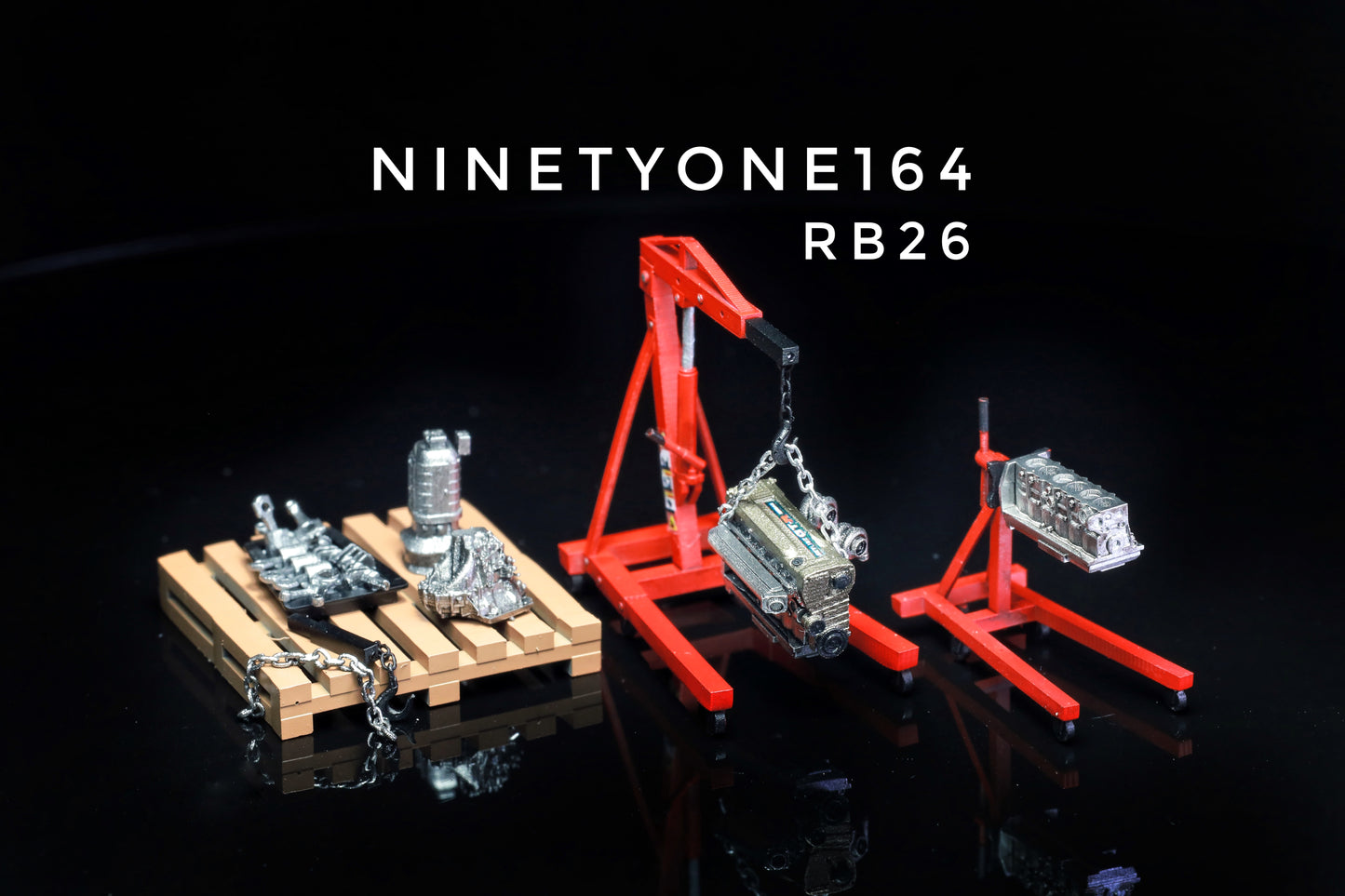 SET 13 : accessoires grue d'atelier et moteur K20/RB26/2JZ Ninety One 1:64