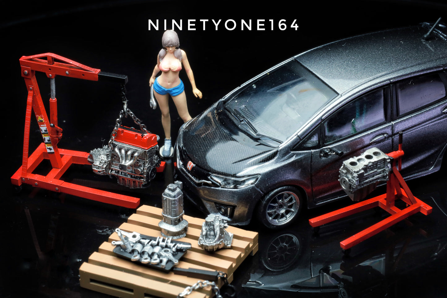 SET 13 : accessoires grue d'atelier et moteur K20/RB26/2JZ Ninety One 1:64