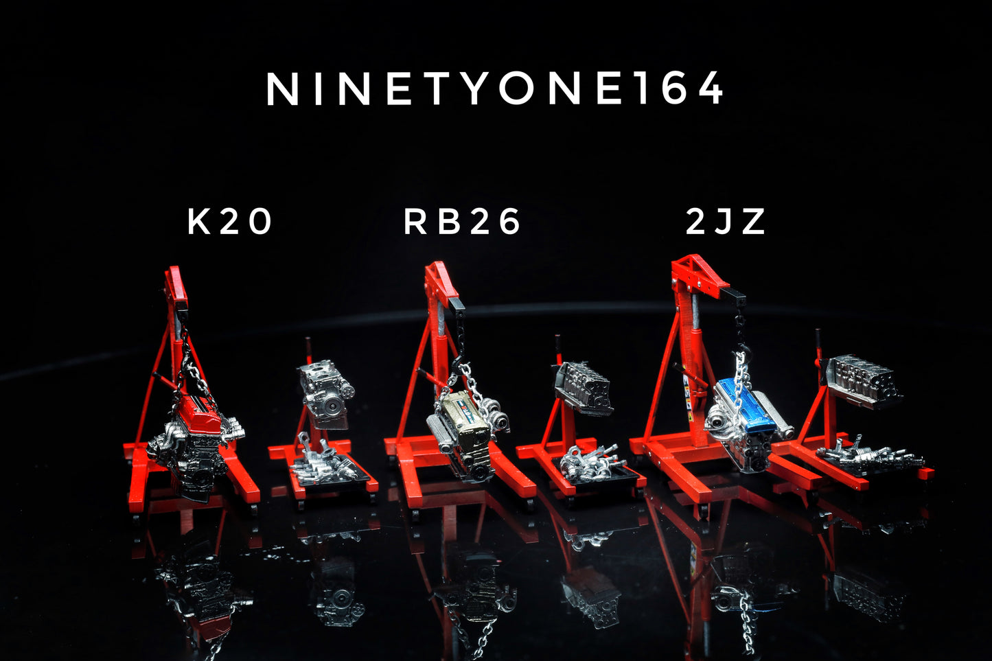 SET 13 : accessoires grue d'atelier et moteur K20/RB26/2JZ Ninety One 1:64